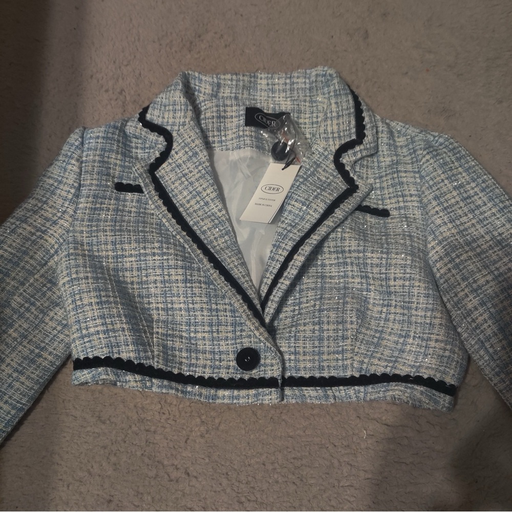 CIDER Lady Blue Pleated Mini Dress & Cropped Blazer Blue Tweed Set Black Trim S - Picture 5 of 14